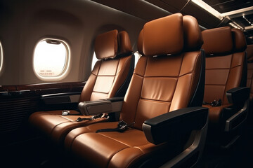 Discover the beauty of air travel inside the cabin. Unoccupied seats, a window view, and the magic of the skies. Jet set in style is AI Generative.