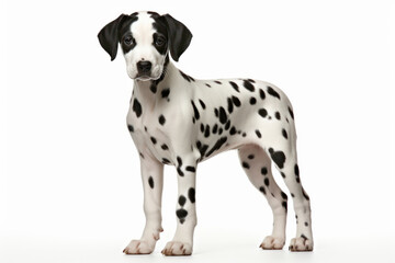 Adorable Dalmatian dog, standing proudly in profile against a white background. This spotty companion is AI Generative.