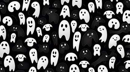 Black and white ghost art doodle shapes seamless pattern. Creative shapes background.