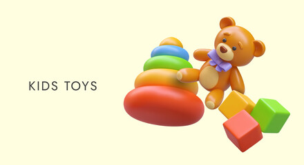 Kid toys concept. Vector floating objects. Colored 3D bear, pyramid, cubes. Time to play. Cute banner for children toy store. Advertisement of baby center