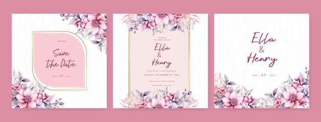 Pink poppy floral wedding invitation card template set with flowers frame decoration