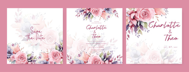 Pink vector wedding invitation card set template with flowers and leaves watercolor