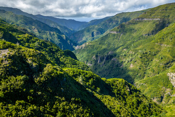Fototapeta na wymiar Scenic drone view of the Levada das 25 Fontes hiking trail area near Rabaçal, Madeira, Portugal