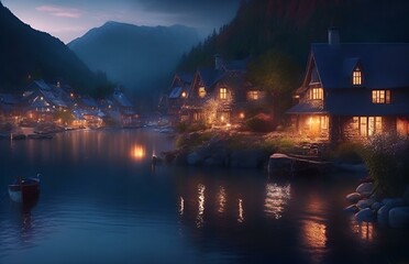 Obraz premium Remote Mountain Village by the Lake: Cozy Cottages Aglow