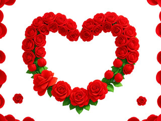 White heart shaped frame decorated with red flowers on transparent background. 