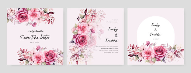Fototapeta na wymiar Pink rose beautiful wedding invitation card template set with flowers and floral