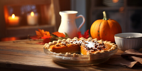 Naklejka premium Delicious pumpkin pie, on a table with blurred background
