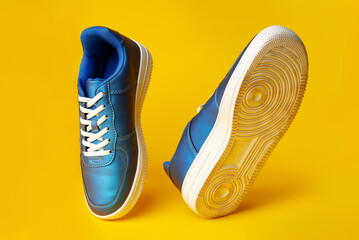 Blue new sneakers on yellow studio background