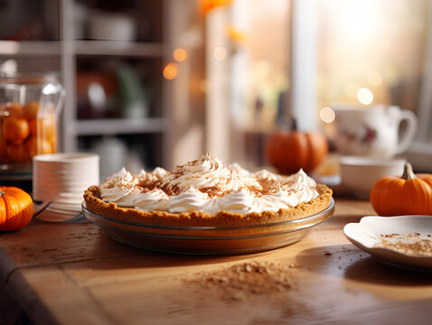 Delicious pumpkin pie with shipped cream, on a table with blurred  background