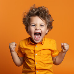 Little kid boy isolated showing tongue. Funny little power super hero kid showing muscles, ai technology - obrazy, fototapety, plakaty