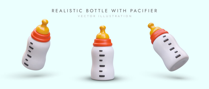 Realistic baby bottle with nipple and measuring scale. Baby, infant formula, milk. Vector object in different positions. Set of isolated images. Icon for baby food sites