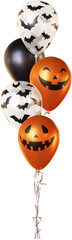 Balloon bouquet in black color, transparent with bat patterns and orange with pumpkin face patterns. Bunch of realistic balloons for Halloween (31 October).