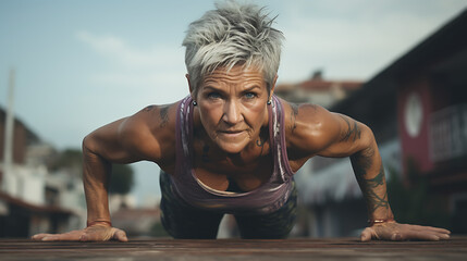 Fototapeta premium Old Woman Doing Push-Ups on Deck Outdoors