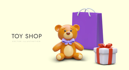 Poster for toy store in purple and yellow colors. Toy shop concept. 3d realistic shopping back, gift box and big teddy bear with purple bow. Vector illustration
