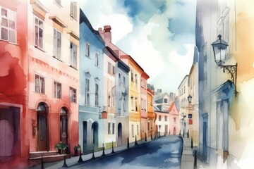 European cozy street. Town outdoor. Generate Ai - obrazy, fototapety, plakaty