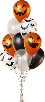 Balloon bouquet in black color, transparent with bat patterns and orange with pumpkin face patterns. Bunch of realistic balloons for Halloween (31 October).