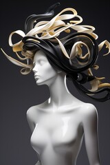 3D Illustration Mannequin adorned with swirling golden and black headpiece
