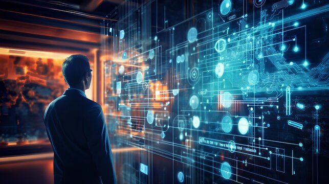 Machine Learning engineer work, utilizing high technology tools to monitor and improve AI systems. Modern technology process of artificial intelligence development and big data collection.