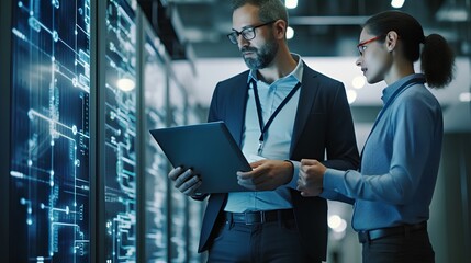 Professional female IT specialist in server room is talking with colleague about servers, technology, and network systems. Hightech equipment, indicating a technologically advanced environment.