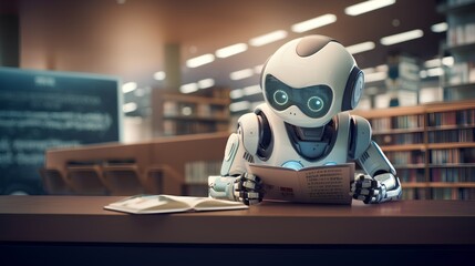 Robot reading book in library as growth in machine learning and artificial intelligence technologies. Charming, cute, modern and humanoid robot design with futuristic progress in robotics and AI. - obrazy, fototapety, plakaty