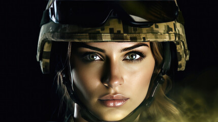 A strong looking woman wearing military uniform including camouflage fatigues and a helmet. She is ready for war to protect and serve her country. Generative Ai
