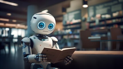 Robot reading book in library as growth in machine learning and artificial intelligence technologies. Charming, cute, modern and humanoid robot design with futuristic progress in robotics and AI. - obrazy, fototapety, plakaty