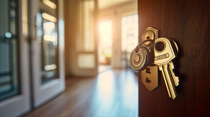 Apartment, Key in door at  apartment. Real Estate Investment, mortgage, renting, and property ownership. Generative Ai