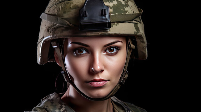 A strong looking woman wearing military uniform including camouflage fatigues and a helmet. She is ready for war to protect and serve her country. Generative Ai