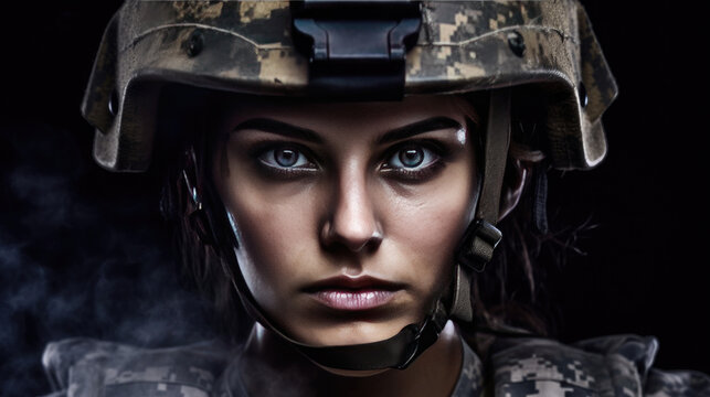 A strong looking woman wearing military uniform including camouflage fatigues and a helmet. She is ready for war to protect and serve her country. Generative Ai