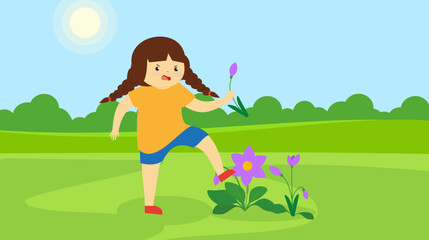 Little girl tramples on flowers in the garden. Vector illustration in flat style