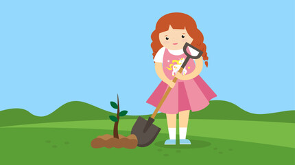 Little girl working with a shovel in the garden. Vector illustration.
