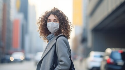 Woman wearing face mask because of air pollution in the city. Environmental pollution.