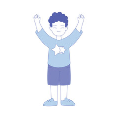 Boy First Grader Standing with Raised Arms and Smiling Vector Illustration