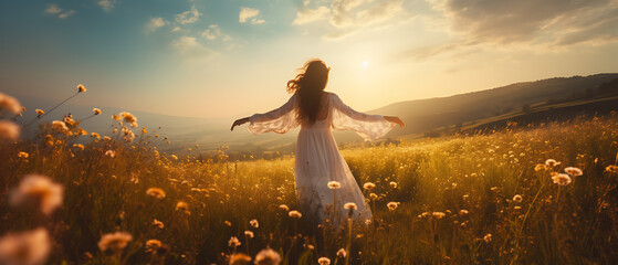 Happy Woman in White Dress Embracing Spirituality
