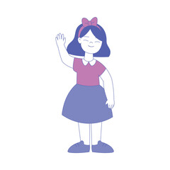 Girl First Grader Standing with Raised Arm and Smiling Vector Illustration