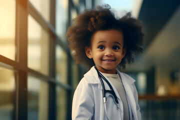 a cheerful young black boy with an infectious smile proudly wears a stethoscope around his neck, embodying the spirit of aspiration and care. 