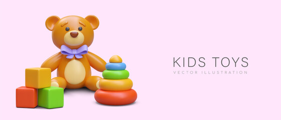 Concept of children toys. Realistic bear is sitting next to colored cubes and pyramid. Banner for educational preschool, kindergarten. Advertisement of store of children goods
