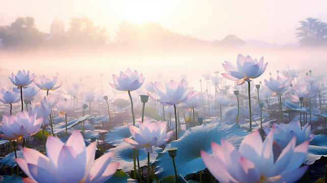 lotus flowers in nature, delicate pastel morning background pink and blue shades of tenderness and beauty of nature. fictional graphics