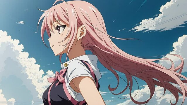 Cute girl with pink hair swaying in the wind. In the style of anime cartoon created with the help of artificial intelligence. AI generative.