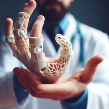 Focus on a doctor's hand holding or demonstrating a 3D printed object like a splint or cast.