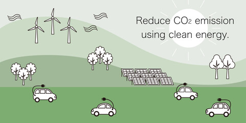 CO2削減を目指すエコな循環型社会。太陽光発電と風力発電の再生可能エネルギーを利用しEV電気自動車が走っている街のイラスト
