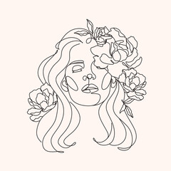 Woman Line Art Minimalist Logo. Nature Organic Cosmetics Makeup. Flower head Feminine Illustration line drawing. Woman face with flowers line
