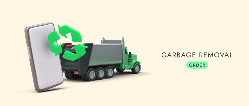 Advertising garbage removal services. Garbage truck, phone, green recycling sign. Care for environment. Vector concept for social networks. Color template