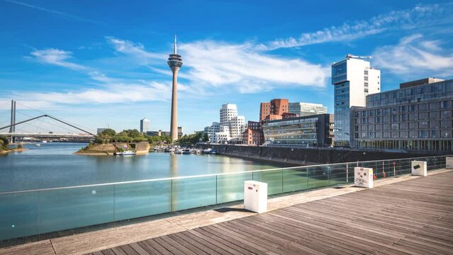 Dusseldorf city skyline aerial view hyperlapse  with view on media harbor, Germany. Timelapse view 4K.