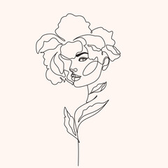 Woman Line Art Minimalist Logo. Nature Organic Cosmetics Makeup. Flower head Feminine Illustration line drawing. Woman face with flowers line