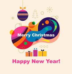 Merry Christmas and Happy New Year vector illustration. Greeting card with gifts