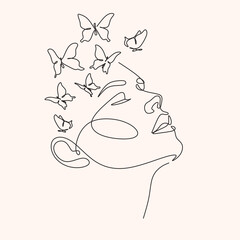 Abstract face with butterfly by one line drawing. Butterfly Line Art. Portrait minimalistic style.  Botanical print. Nature symbol of cosmetics. 
Fashion print. Beaty salon art