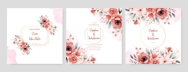 Pink and red peony and rose modern wedding invitation template with floral and flower