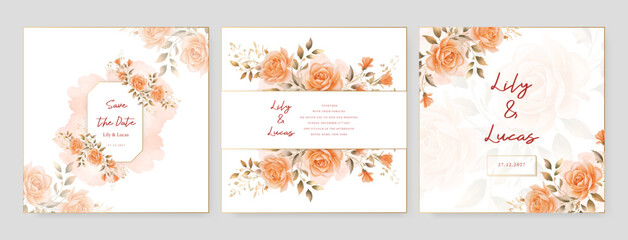 Orange orange elegant wedding invitation card template with watercolor floral and leaves