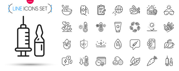 Pack of Sun protection, Sunscreen and Stress line icons. Include Vegetables, Cardio calendar, Veins pictogram icons. Basketball, Medical vaccination, Weather thermometer signs. Vector